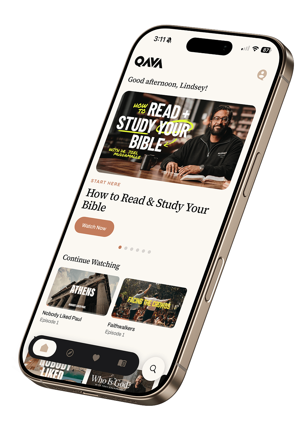 The QAVA app on two phones, showing a series home screen and an episode's Scripture references